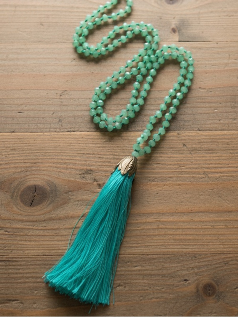 Green Glass Bead Tassel Necklace - Long Boho Statement Necklace - Teal Tassel